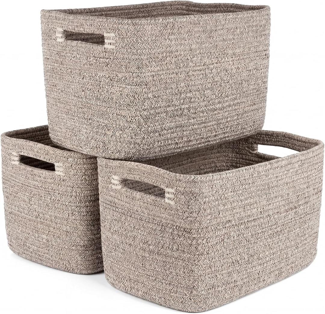 Storage Baskets for Organizing, 14 x 10 x 9 Closet Shelf Woven Baskets, Square Bins with Handles, Cotton Rope Basket for Toys, Clothes, Office, Room, Brown 3 Pack