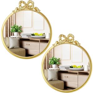 Chunful 2 Pcs Vintage Gold Round Wall Mirror 11.8 Inch Small Bow Circle Mirror Farmhouse Baroque Antique Vanity Gold Frame Hanging Wall Decor for Bathroom Bedroom Living Room Hallway Dressing Table