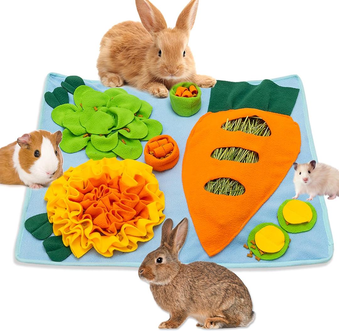 Rabbit Hay Feeder - Interactive Polar Fleece Pet Foraging Mat Toy Indoor for Guinea Pig Bunny Chinchillas Hamster Ferrets Small Animals - Anti Slip Feeding Mat Treat Dispenser Machine Washable