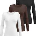 Ficerd 3 Pack Women's Ribbed Long Sleeve Tops, Crew Neck Slim Fit Undershirts Knit Basic Casual Stretch Layering Tee Shirts (XL)
