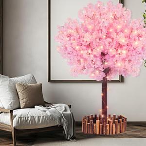 TTMDK 5FT Pink Artificial Cherry Blossom Tree with LED Light, Handmade Pink Cherry Tree, Christmas Cherry Blossom Tree Artificial for Party, Wedding, Home Decor, Indoor & Outdoor (1.5M / 6 Trunks)