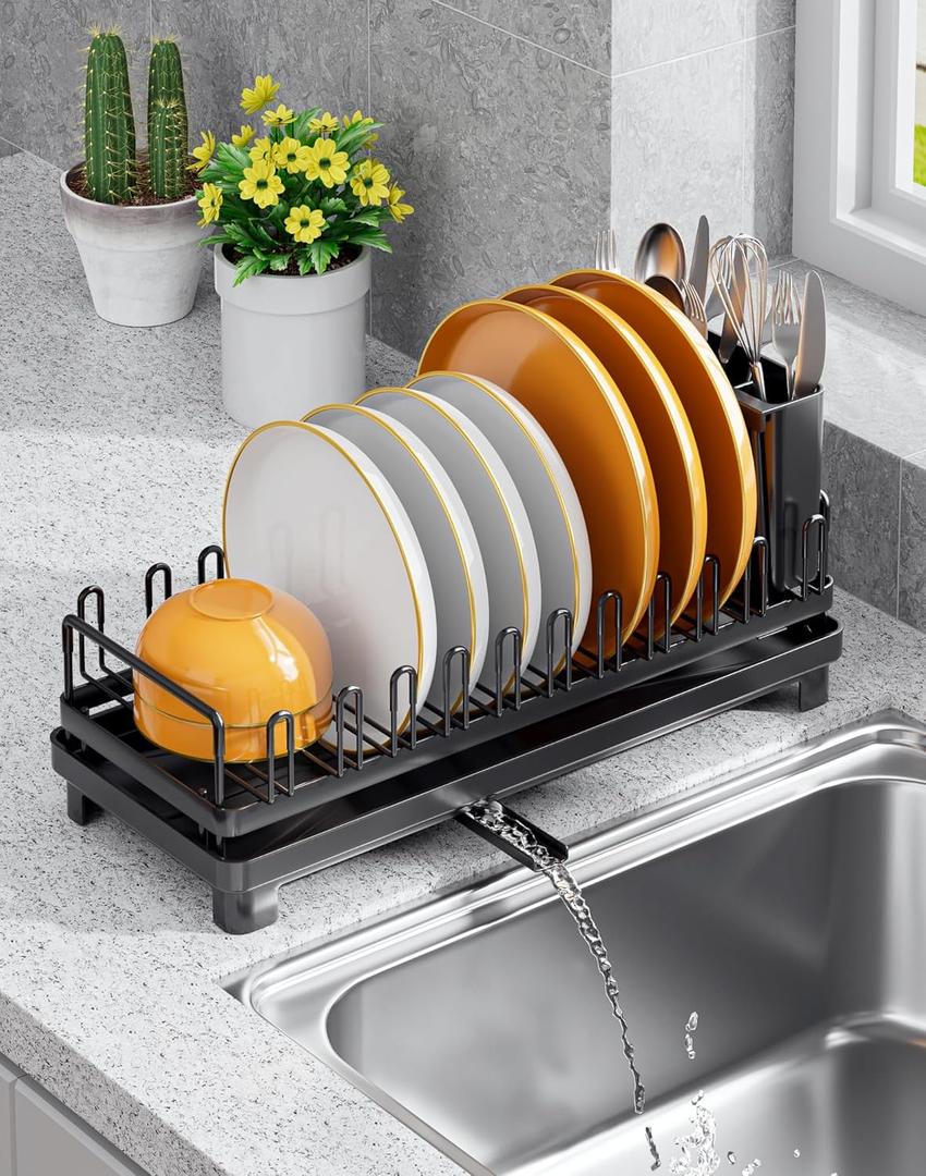 OKZEST Small Dish Drying Rack for Kitchen Counter, Dish Drainer Drying Rack with Drainboard, Rustproof Plate Organizer with Cutlery Holder for Kitchen Cabinets, RVs, Small Apartment Kitchens