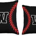 Letter Initial W Baseball Softball Black Red Monogram Throw Pillow, 16x16