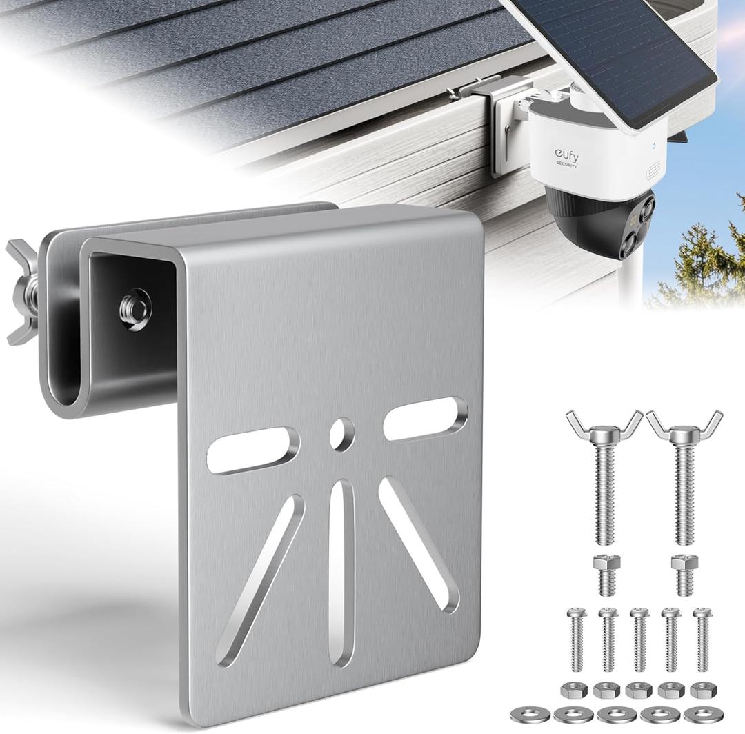 Gutter Mount for Security Cameras,Stainless Steel Eufy Camera Mount,No Drill Universal Mounting Bracket Compatible with Eufy S340/SoloCam E30, Reolink TrackMix, Tapo C425 & Solar Panels (silver-1)