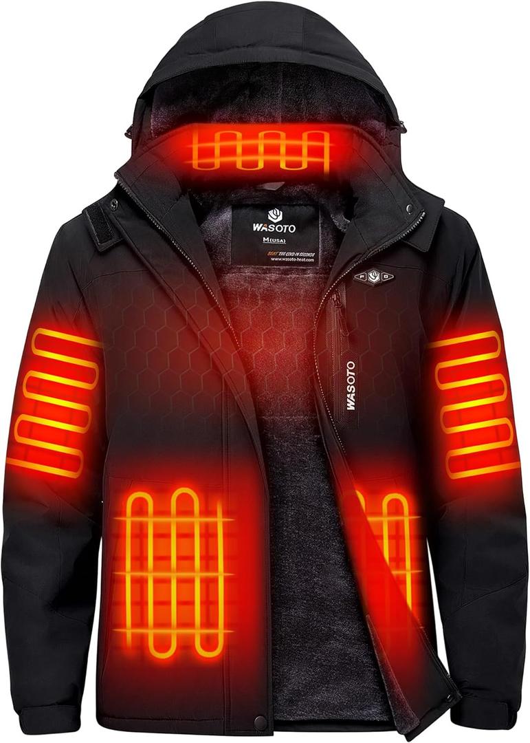 WASOTO Heated Jackets for Men Fur Lining with 18400mAh Battery Pack Charger included Rechargeable Waterproof for Hunting Work (X-Large, Black)