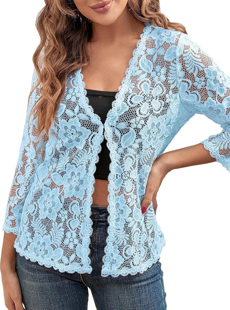 BENANCY Women's 3/ 4 Sleeve Bolero Shrugs Crochet Lace Open Cardigan Light Blue L