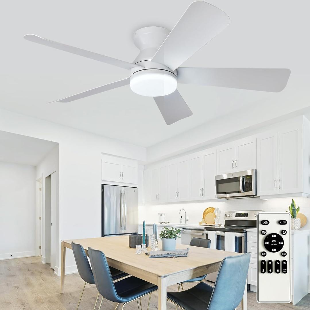 42-Inch Ceiling Fans with Lights: White Low Profile Ceiling Fan with Light and Remote Control - Reversible Flush Mount Fans - 3CCT Dimmable Small Ceiling Fan for Bedroom Indoor/Outdoor Use