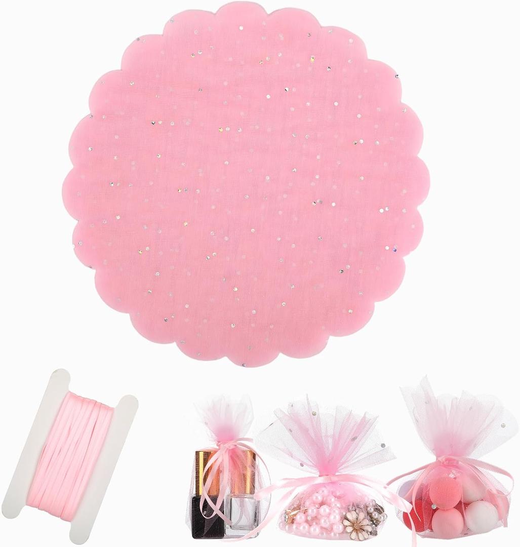 EBOOT 200 Pcs 9.4 Inch Organza Tulle Circles for Favors Round Tulle for Favors Sheer Organza Bags with Sequins and Ribbon Wedding Party Candy Jewelry Easter Gift Bag Christmas(Pink)