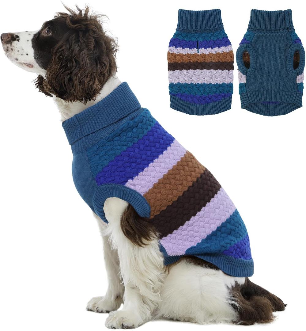 Kuoser Large Dog Sweater, Turtleneck Knit Dog Sweaters for Large Dogs Colorful Strips Pet Knitted Vest Warm Clothes, Soft Puppy Sweater Thermal Sweatshirt for Xmas Holiday Cold Weather, Blue XL (X-Large (Chest: 21.3''; Weight: 16 - 23LB))