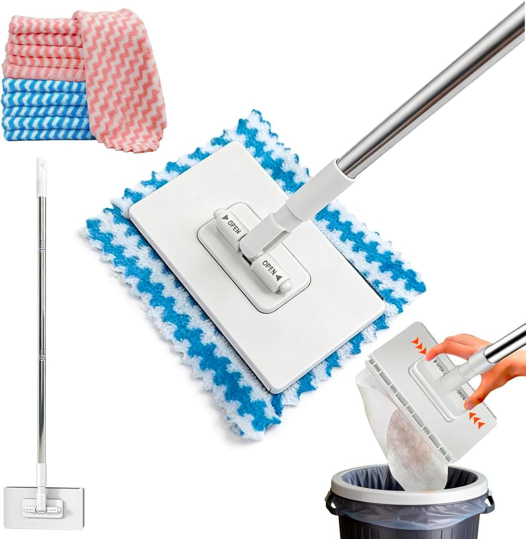 Snap Grip Mini Mop, Zero Touch No Wash Lazy Mop with One-Click Cloth Change, Compatible with Face Towels, Adjustable for Wet/Dry Floors, Tile, Hardwood, Corners (10 Reusable Cloths)