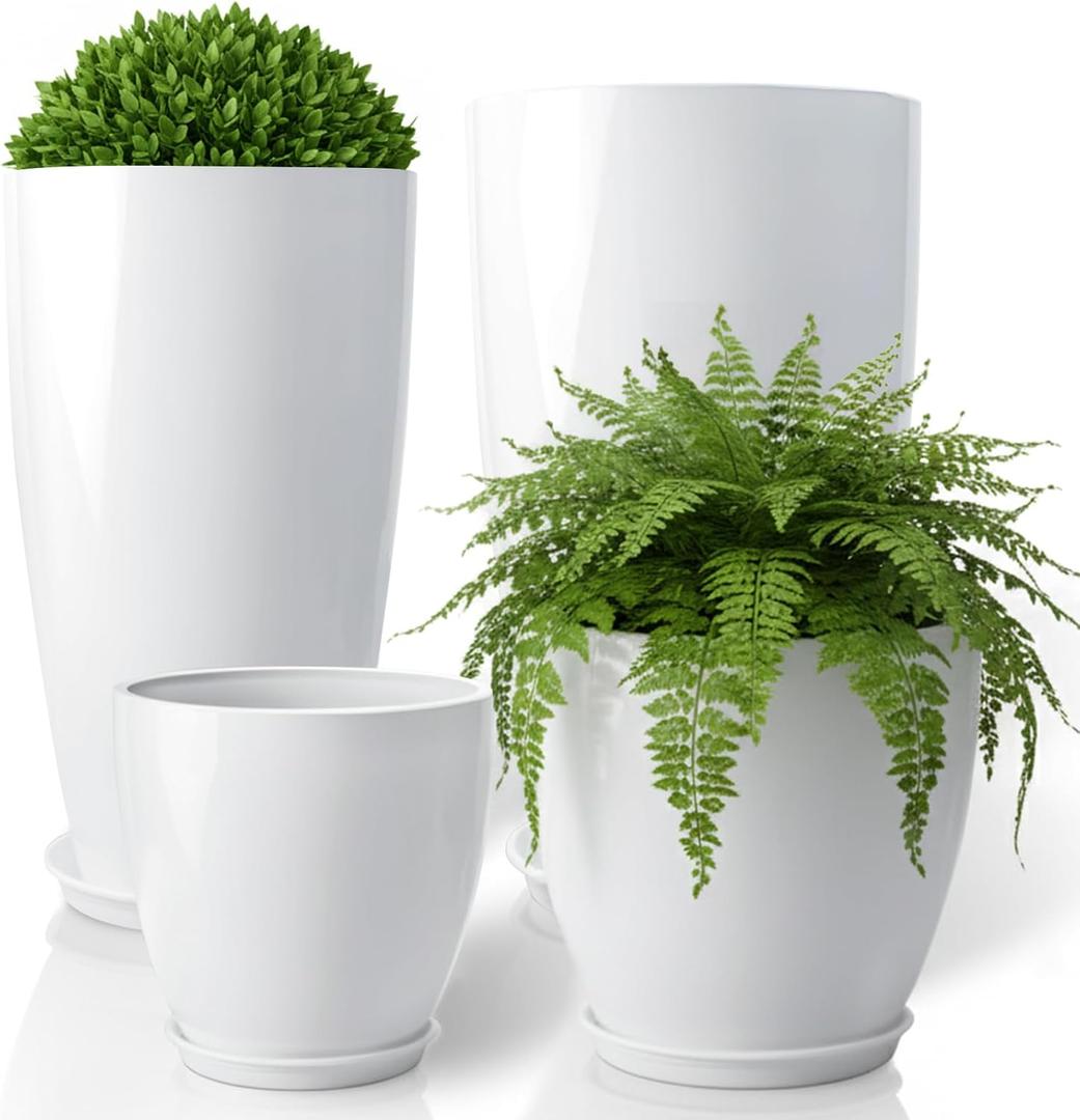 ZMTECH 24/21/12/10" H Large Plastic Planters with Drainage Hole and Saucer -Set of 4 Tall Plant Pots for Indoor & Outdoor Use,White Glossy Smooth Lightweight Flower Pot for Front Porch Patio Deck