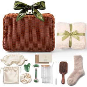 14-Piece Vintage Self-Care Gift Basket for Women  Relaxing Spa Care Package with Blanket, Socks, Glass Tumbler & Accessories, Ready-to-Gift