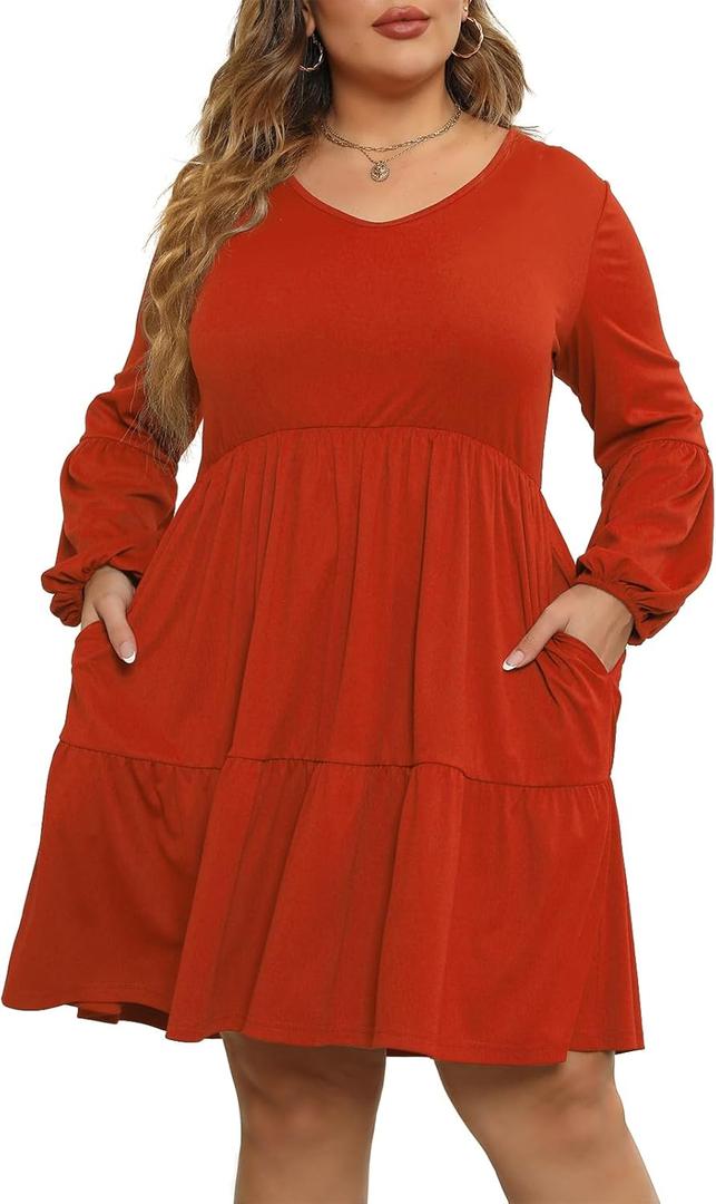 Celkuser Plus Size Casual Dresses for Curvy Womens Long Sleeve V Neck Babydoll Tiered Flowy Dress with Pocket (Red)