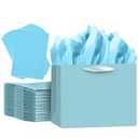 qiqee 5PCS Lake Blue Gift Bags with Ribbon Handles 9.6"x7.9"x4.3" Medium Size Gift Bags (Tissue Paper included, Medium Wide)