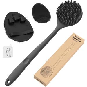 Manmihealth Silicone Back Scrubber (Thick Bristles) & Bath Glove & Face Brush Set(3PCS), Super-Exfoliating & Lathering Body Scrubber, Shower Brush, Face Scrubber Combination, with a Free Hook.(Black)