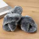 Enteer Girls Fluffy Slippers Memory Foam Soft Plush Cross Band House Shoes Indoor Outdoor Slip On (Gray)