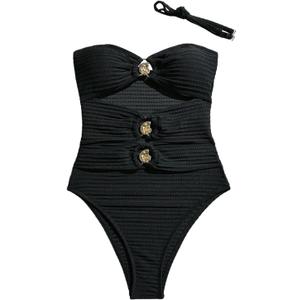 Milumia Women's One Piece Cut Out Ring Swimsuit Bandeau Textured Bathing Suit with Straps (Black, Medium)