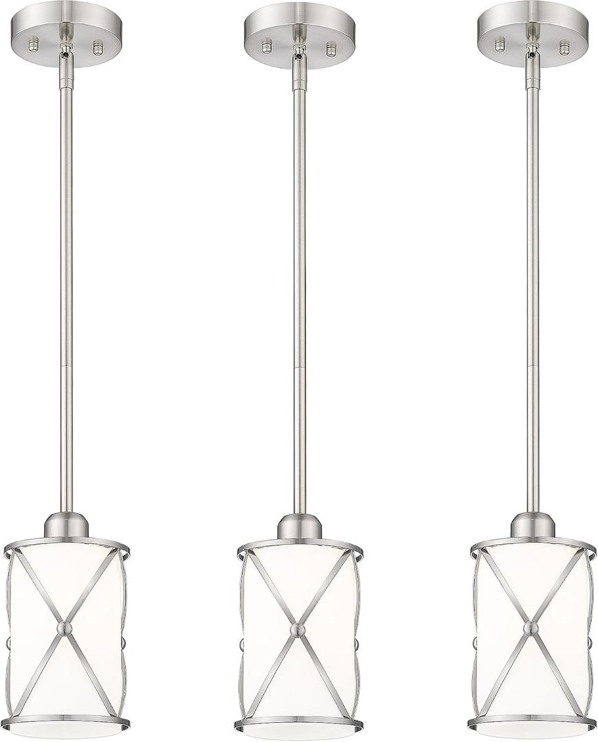 Brushed Nickel Pendant Lights Kitchen Island 3 Pack, Milk Glass Kitchen Pendant Lighting Over Island with Rods, Modern Mini Hanging Light for Sink Dining Room, CH9176BNW-3PK