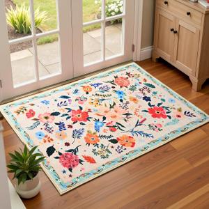 Terrug Floral Entryway Rug, 2x3 Beige Rug Boho Washable Kitchen Throw Rugs, Soft Low Pile Cute Small Rugs, Non-Slip Stain Resistant Vintage Carpet for Entryway Bedroom Kitchen Bathroom Laundry