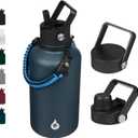 BJPKPK Half Gallon Insulated Water Bottles with Straw Lid, 64oz Large Water Jug, Stainless Steel Bottles with 3 Lids and Paracord Handle, Thermo for Hot & Cold Liquid, Navy Blue