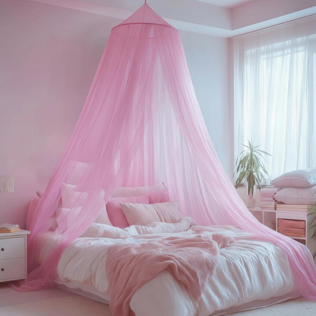 Pink Bed Canopy for Girls,Kids Princess Round Dome Bed Curtain, Dreamy Mosquito Netting for Girls, Bedroom Accessories, Ceiling Tent