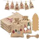 G2PLUS Christmas Drawstring Burlap Gift Bags - 24 Pack Christmas Advent Calendar Bags, 8 Designs 4x6 inches Buffalo Plaid Goody Treat Bag with Xmas Tree Tags for Xmas Holiday Party Favors