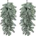 Watayo 2 Pcs Artificial Christmas Snow Teardrop Swag, 23" Faux Snow Flocked Norfolk Pine Teardrop Door Swag, White Frosted Real Touch Pine Wreath Staircase Swags for Xmas Door Mantle Fireplace Decor