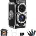 CHUZHAO Mini Retro Digital Camera - Vintage TLR Style Point and Shoot Auto Focus Vlogging Camera, Compact & Portable, 16GB Card Included, Ideal for Beginners, Teens, and Adults (Black)