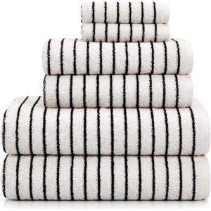6 Pack Black and White Striped Bath Towels Set Cotton Absorbent Shower Towels for Bathroom Pool Spa Decor Contains Soft Bath Towel, Hand Cloth, and Wash Cloth