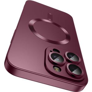 LEKEVO Magnetic for iPhone 15 Pro Case [Compatible with Mag Safe][Built-in Camera Lens Protector] Slim Soft Silicone Bumper Shockproof Metallic Shine Phone Case (Burgundy)