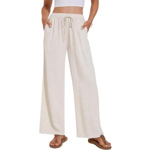 Breezy Lane Linen Pants for Women Summer High Waist Palazzo Pants Boho Beach Trousers with Pockets (XL)