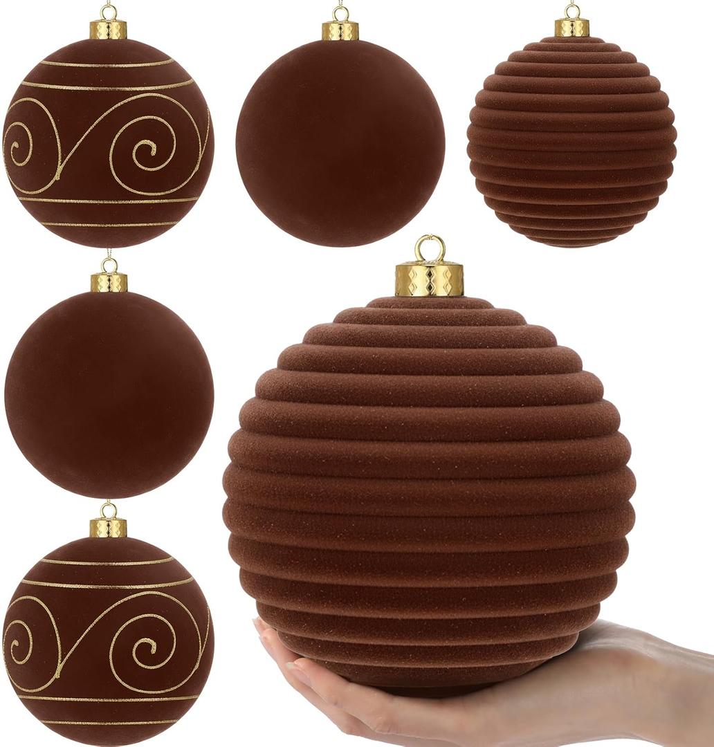 Suzile 6 Pack 6 Inch Large Velvet Christmas Ball Ornaments Brown Flocked Christmas Tree Hanging Balls Vintage Xmas Tree Ornaments for Xmas Holiday Party Hanging Decorations