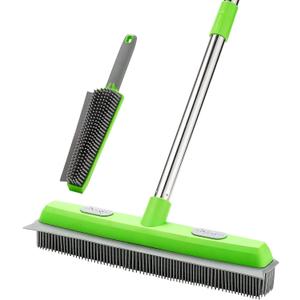 Rubber Broom with Squeegee for Carpet Pet Hair Remover,57 inch Long Handled Fur Remover Rake, Portable Detailing Lint Brush, Pet Removal Fluff Carpet, Hardwood Floor, Tile (Green)
