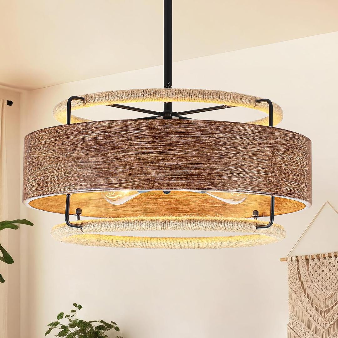 19.5" Farmhouse Rattan Chandelier Light Fixture, 4-Light Boho Drum Chandeliers with Wood Texture, Hand-Woven Rattan Pendant Light for Dining Room Kitchen Island Living Room Bedroom Hallway