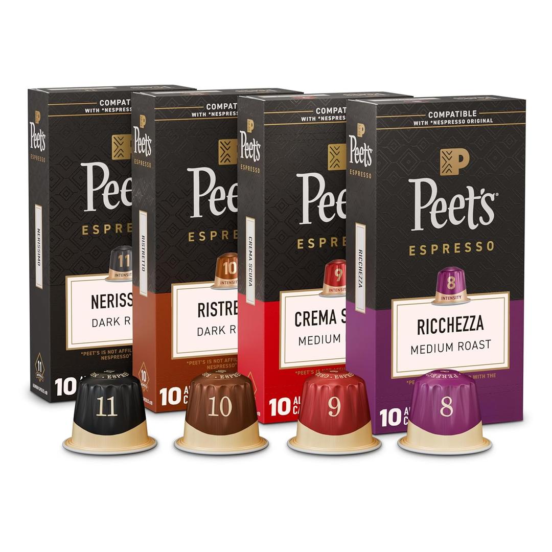 Peet's Coffee, Dark and Medium Roast Espresso Capsules Variety Pack, Compatible with Nespresso Original Machine, 100% Arabica Coffee - Intensity 8-11, 40 Count (4 Boxes of 10 Espresso Capsules) (EXP 08/11/26)