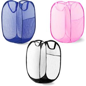 Pop Up Laundry Hamper, Mesh Laundry Basket Collapsible, Foldable Hamper for Travel and Storage, 3 Pack (Black+Pink+Blue)