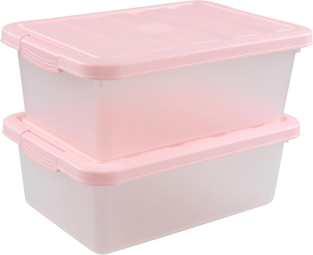 14 Quart Plastic Latching Storage Box, Plastic Underbed Storage Bin with Pink Lids, 2 Packs