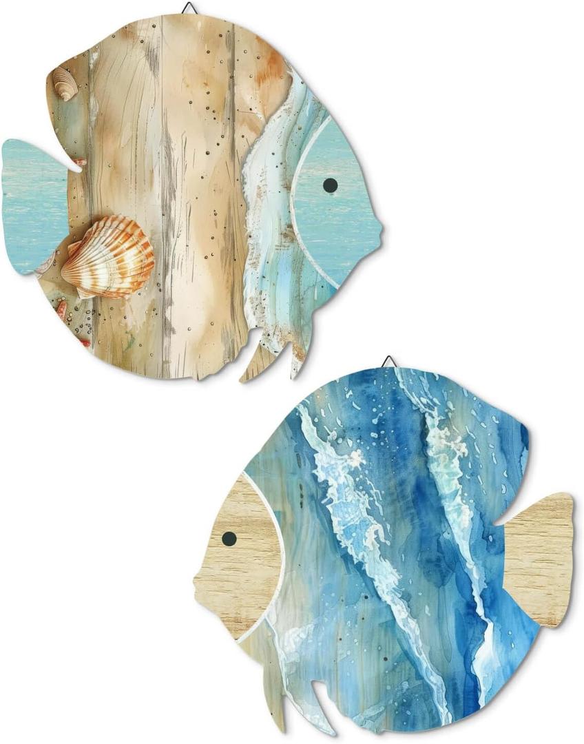Putuo Decor Wood Fish Wall Decor 2pcs Rustic Beach House Wall Decor Coastal Lake Themed Home Decor Wood Hanging Nautical Decor For Bathroom, Lake House, Beach House Decor (Sand and sea)