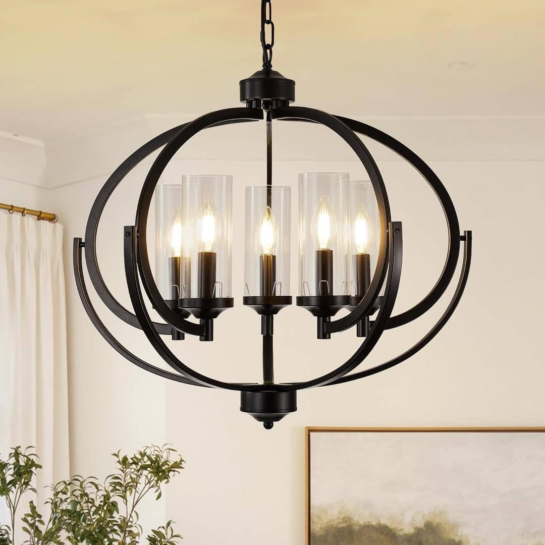 WJShome Farmhouse Black Chandelier for Dining Room, 5-Light Modern Foyer Lighting Fixtures, Adjustable Height Hanging Lantern Pendant Light with Glass Shade, for Kitchen Island Hallway Entryway