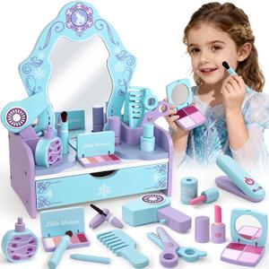 Toyssa Wooden Kids Vanity Set for Girls, Pretend Makeup Play Vanity for Toddlers 3-5, Beauty Salon Play Set Toys with Big Mirror, Princess Birthday for Girls Ages 3 4 5 6 Years Old, Child-Size