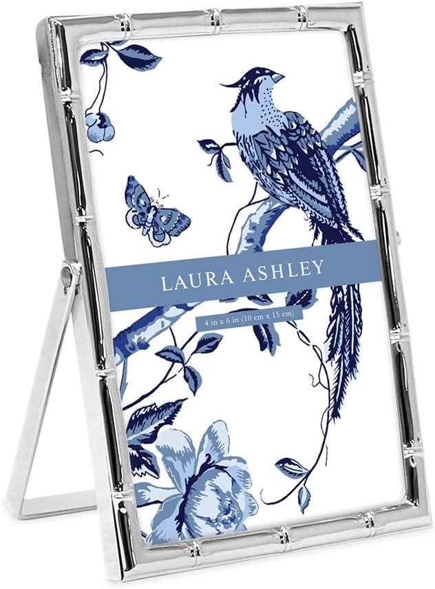 Laura Ashley 4x6 Silver Bamboo Metal Picture Frame (Vertical) with Pull-Out Easel Stand, Made for Tabletop, Counterspace, Shelf and Desk