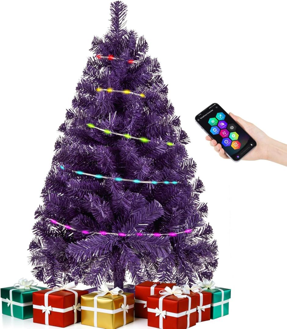 Small Purple Christmas Tree with Lights  23 Inch Mini Tabletop Christmas Tree with WarmWhite LED Lights, Hanging Ornaments, Decorative Bow and Gift Boxes  Table Tree for DIY Christmas Decoration