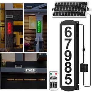 Solar House Numbers with Separate Panel, T-SUNUS Address Sign for Outside Horizontal & Vertical Mounted, Waterproof LED Number Plaque Street Yard Mailbox Visitor Mailman 911 Ubereats (RGB&White 6000K)