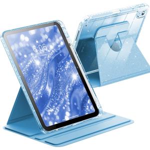 INFILAND Case for iPad A16 11-inch 11th Generation, iPad 10th Generation Case 10.9 Inch for Kids, Girls, 360 Rotating Cute Glitter Cover with Crystal Clear Back, Pencil Holder (Blue)