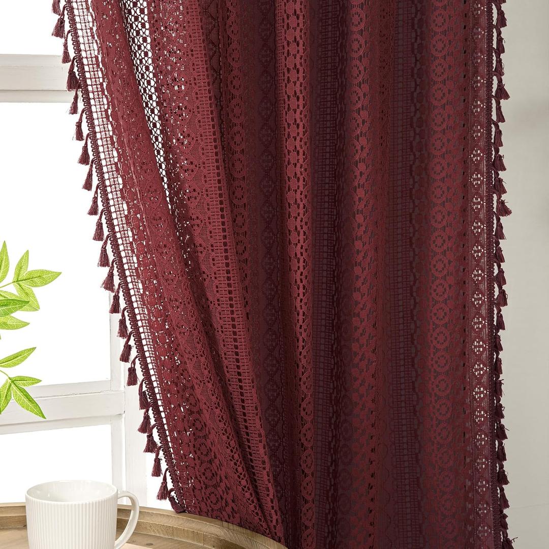 Burgundy Sheer Curtains 84 Inches Long 2 Panel Cotton Blend Crochet Lace Curtain Tassel Rod Pocket Semi Sheer Light Filtering Boho Curtains for Bedroom Living Room Window Drapes Maroon Red