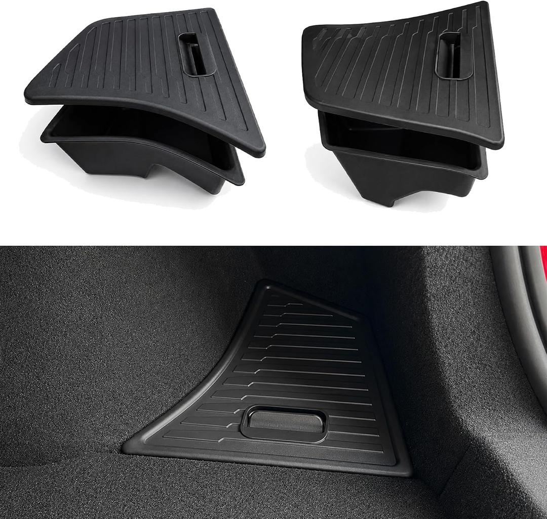 Rayhui Trunk Side Storage Bins for 24-26 Tesla Model 3 Highland (TPE Lid) | Waterproof TPE bins with carpeted lids, Hides messy gear like umbrellas and shoes, keeping your trunk spotless and flat