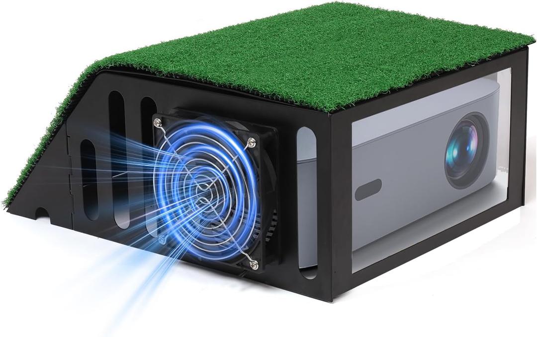 Golf Simulator Projector Enclosure - Floor Mounted with Cooling Fan, Durable Steel Frame, Clear Viewing Panel & Turf Top for Home Indoor Golf Sim Protection