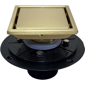 Brushed Gold Shower Drain 4 Inch Square for Bathroom Invisible Inlay Tile Square Plate Cover Adjustable Flange Kit, Sus304 Stainless Steel Brass Finish