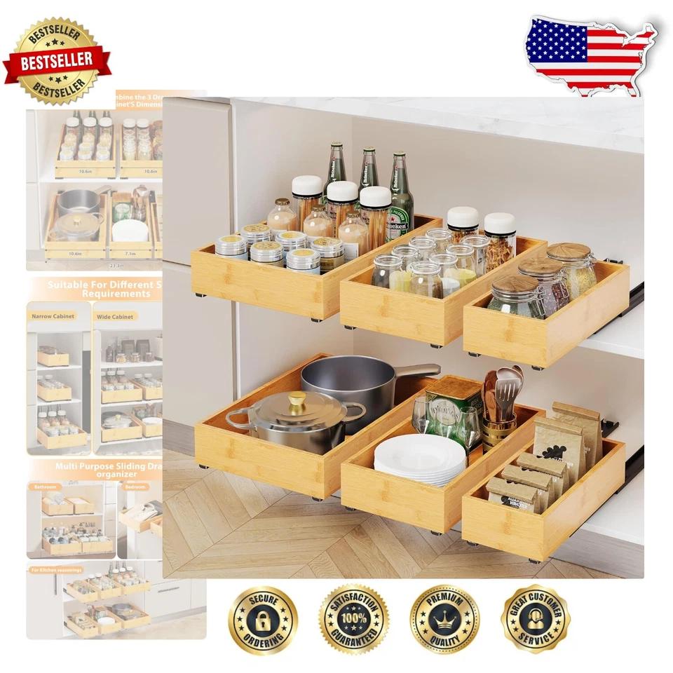 RESENSTORE 3 Pack Bamboo Pull Out Cabinet Organizer,Slide Out Drawers for Kitchen Cabinets,Fixed with Nano Adhesive Film Multifunctional Drawer Organizers For Pantry Bathroom Bedroom