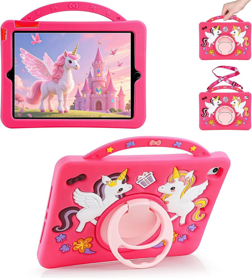 HianDier for iPad 5th/6th Generation Case, for iPad Air 1st/2nd Gen, for iPad Pro 9.7 Inch Case Kids Girls Cute Unicorn with Detachable Strap and Rotatable Stand Shockproof Tablet Cover-Barbie Pink